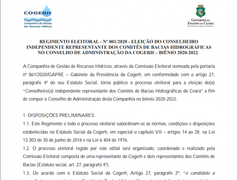 COGERH divulga normas para Eleição do Representante Independente no Conselho de Administração – Mandato 2020-2022